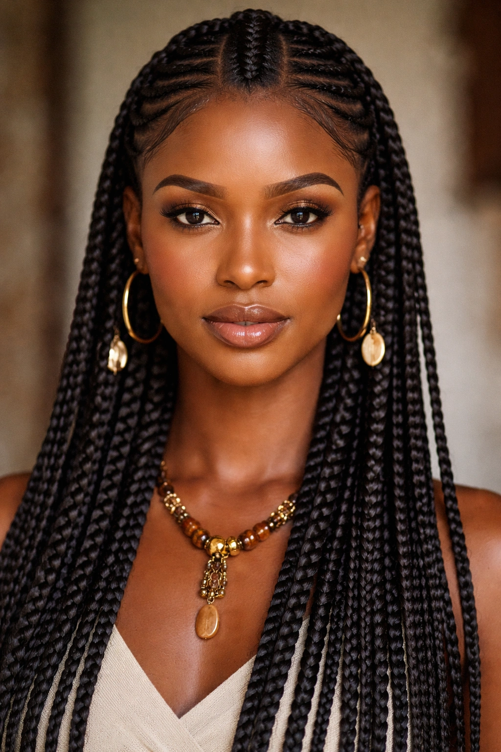 Fulani braids with central thick braid in studio