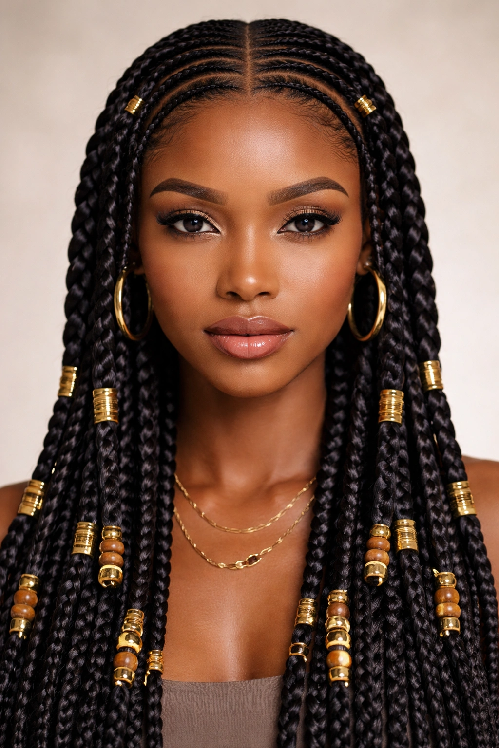 Close-up of Fulani braids with center part and gold cuffs