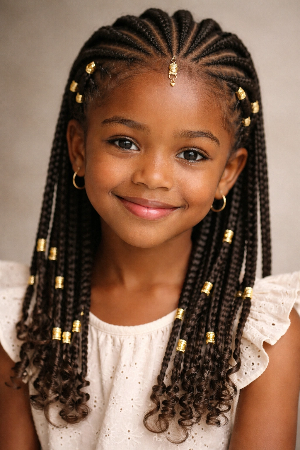 Close-up of a little girl with Fulani braids and gold cuffs