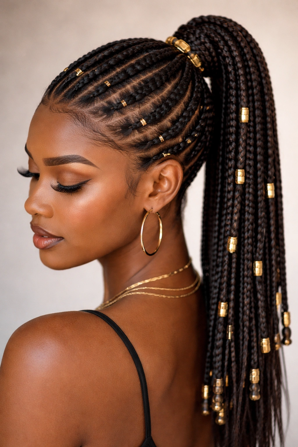 Close-up of Fulani braids forming a high ponytail with gold cuffs