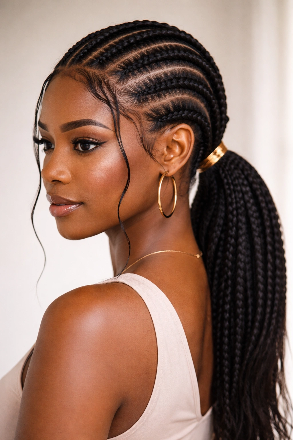 Close-up of Fulani front braids framing the face into a low ponytail