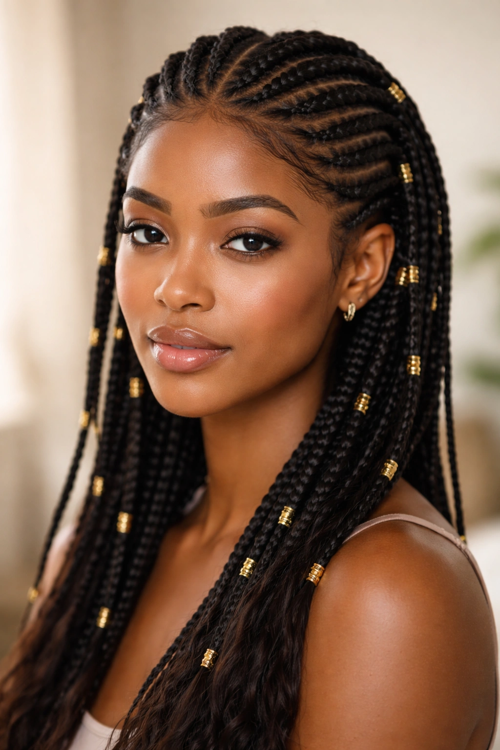 Fulani cornrows with gold cuffs on the braids.