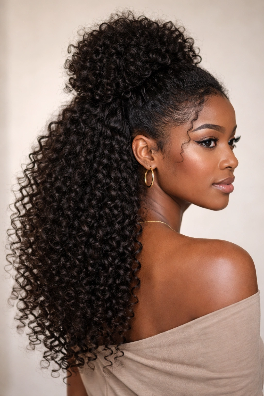Close-up of gathered puff with cascading loose coils on textured Afro hair