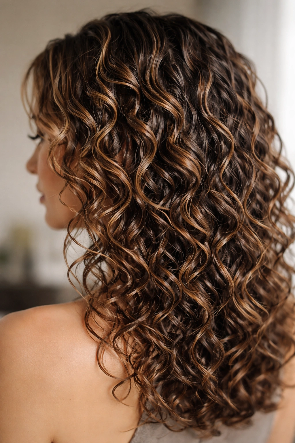 Close-up of gel-defined coils on 2c hair with a layered cut and wet sheen