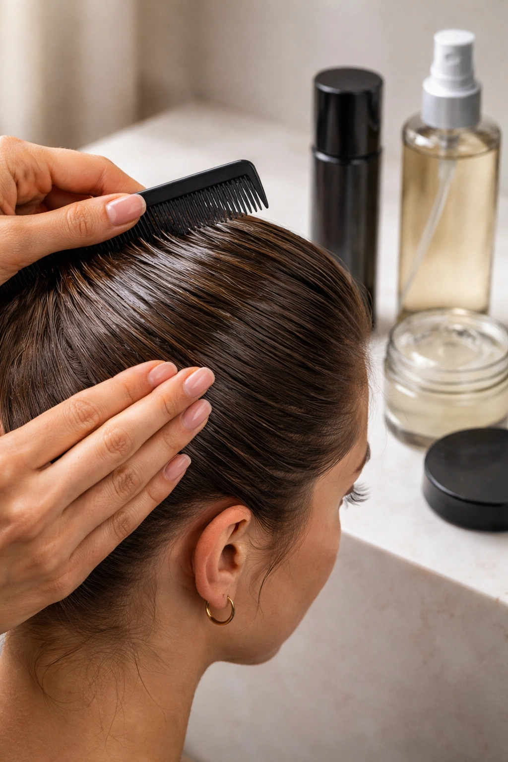 Hands applying gel with a fine-tooth comb beside edge-control and hairspray