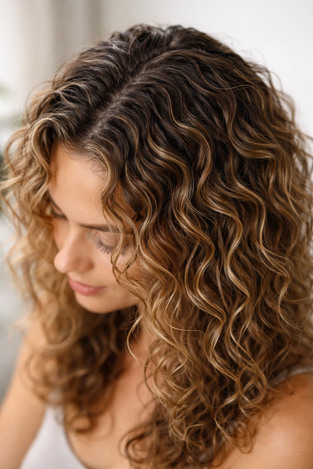 Close-up of defined gel-scrunched curls with visible wave pattern