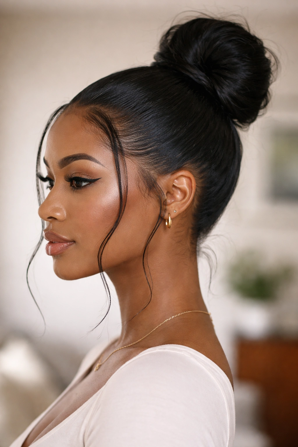 High slicked-back bun with loose face-framing pieces