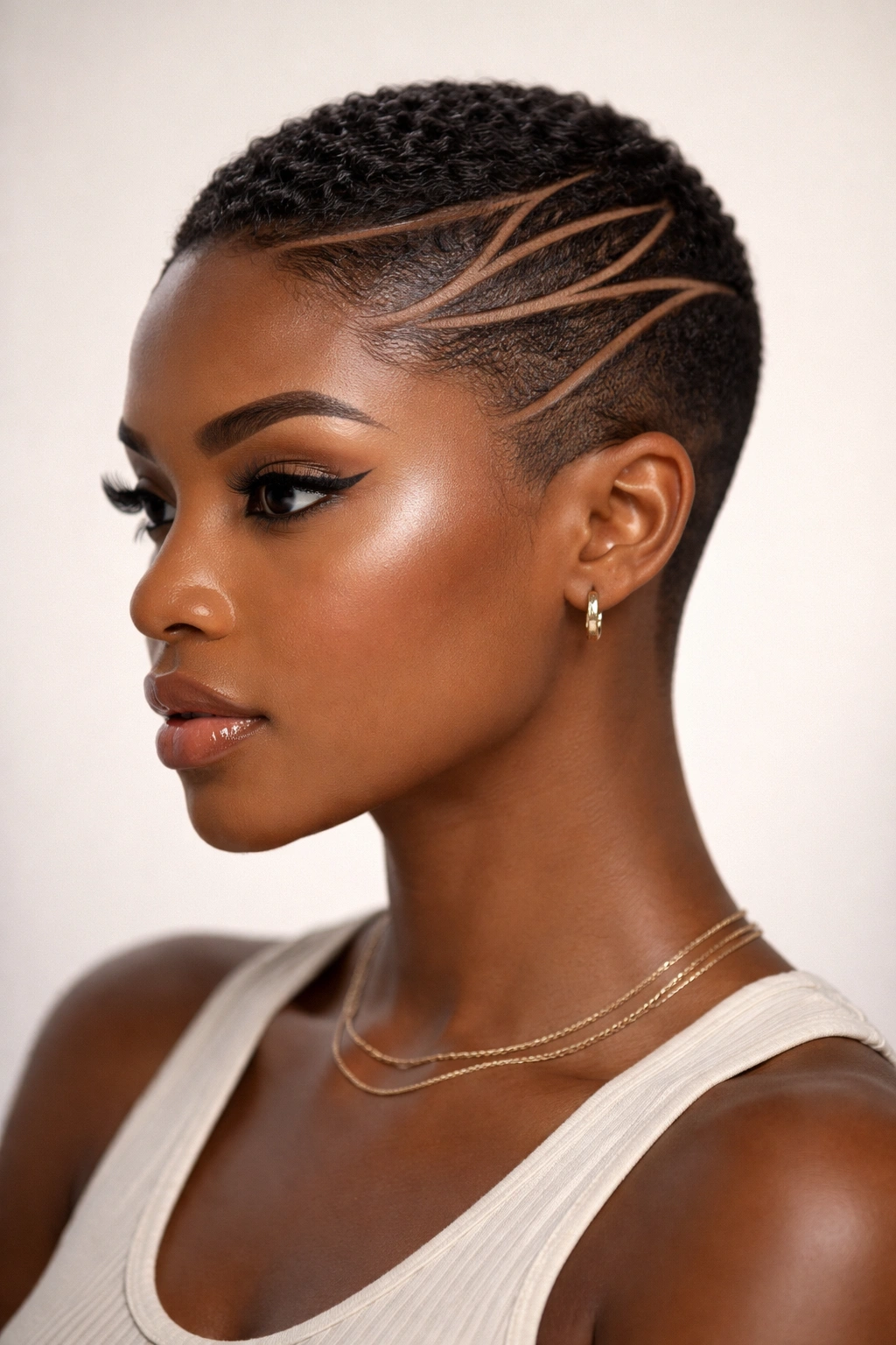 Profile view of a model with a sleek gelled afro and geometric carved lines on the surface