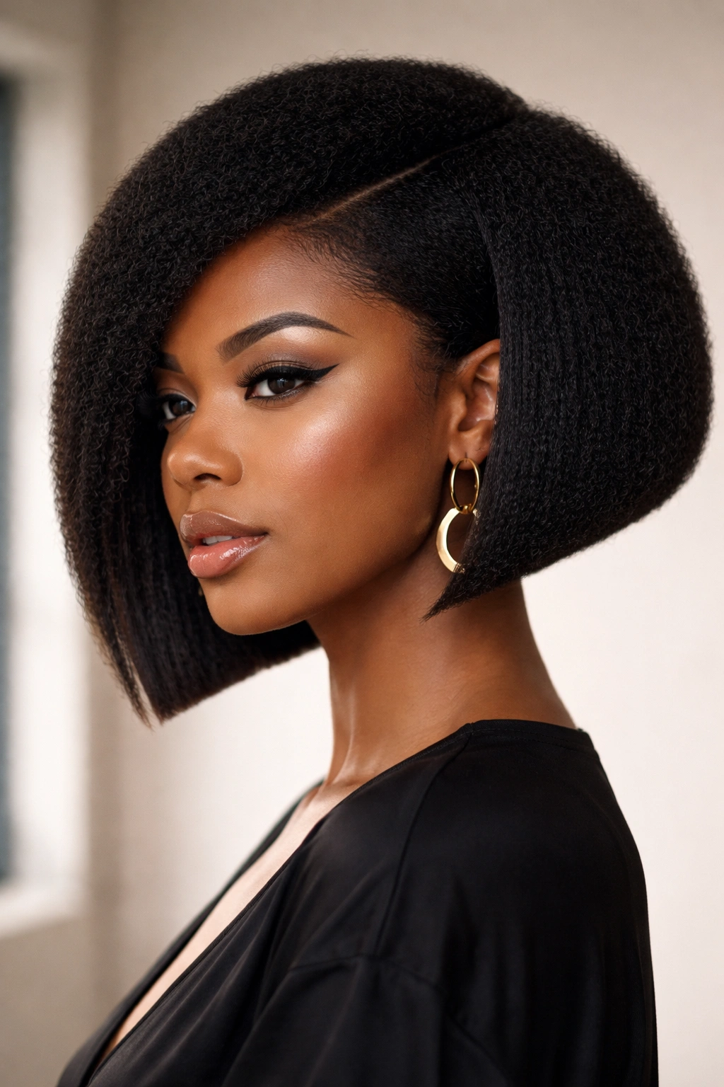 Portrait of a person with a geometric precision Afro Bob showing sharp angles and clean lines.