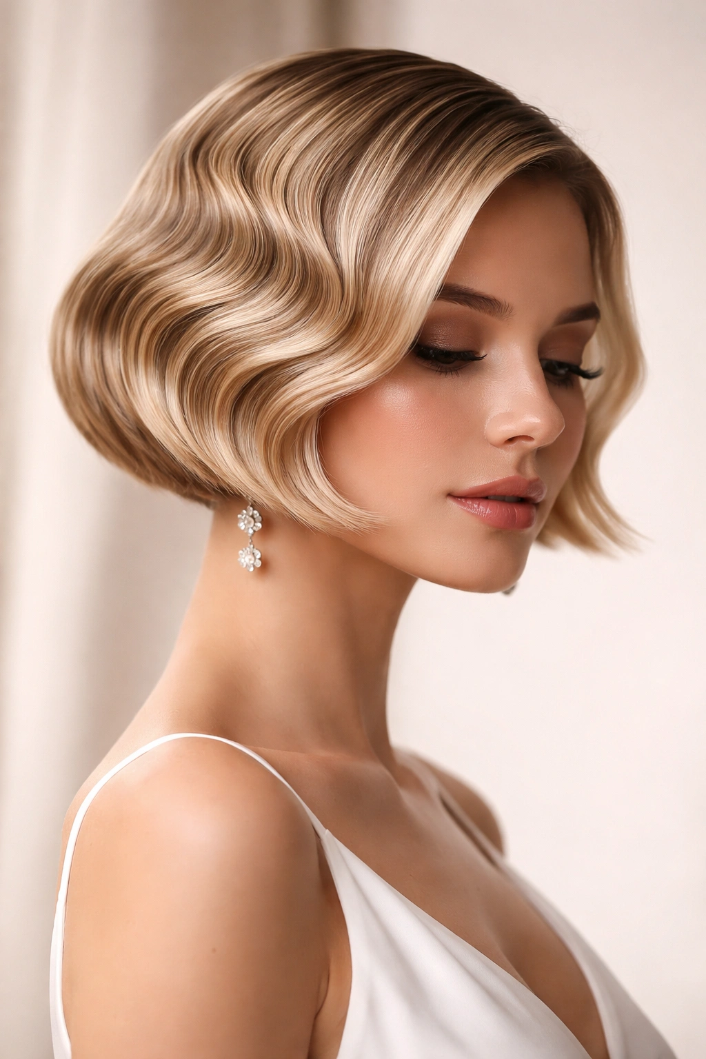 Geometric bob with precise, defined waves for an editorial bridal look