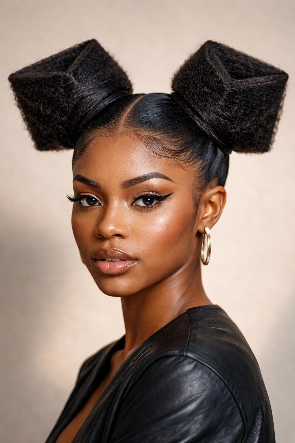 Angular geometric buns on stretched Afro hair.