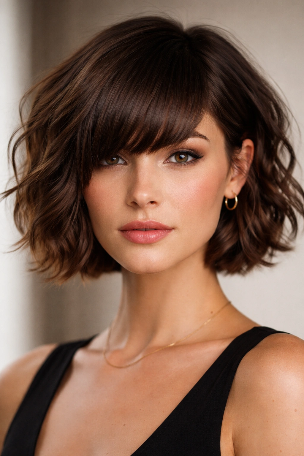 Geometric cut with blunt straight-across bangs on a wavy-haired person.