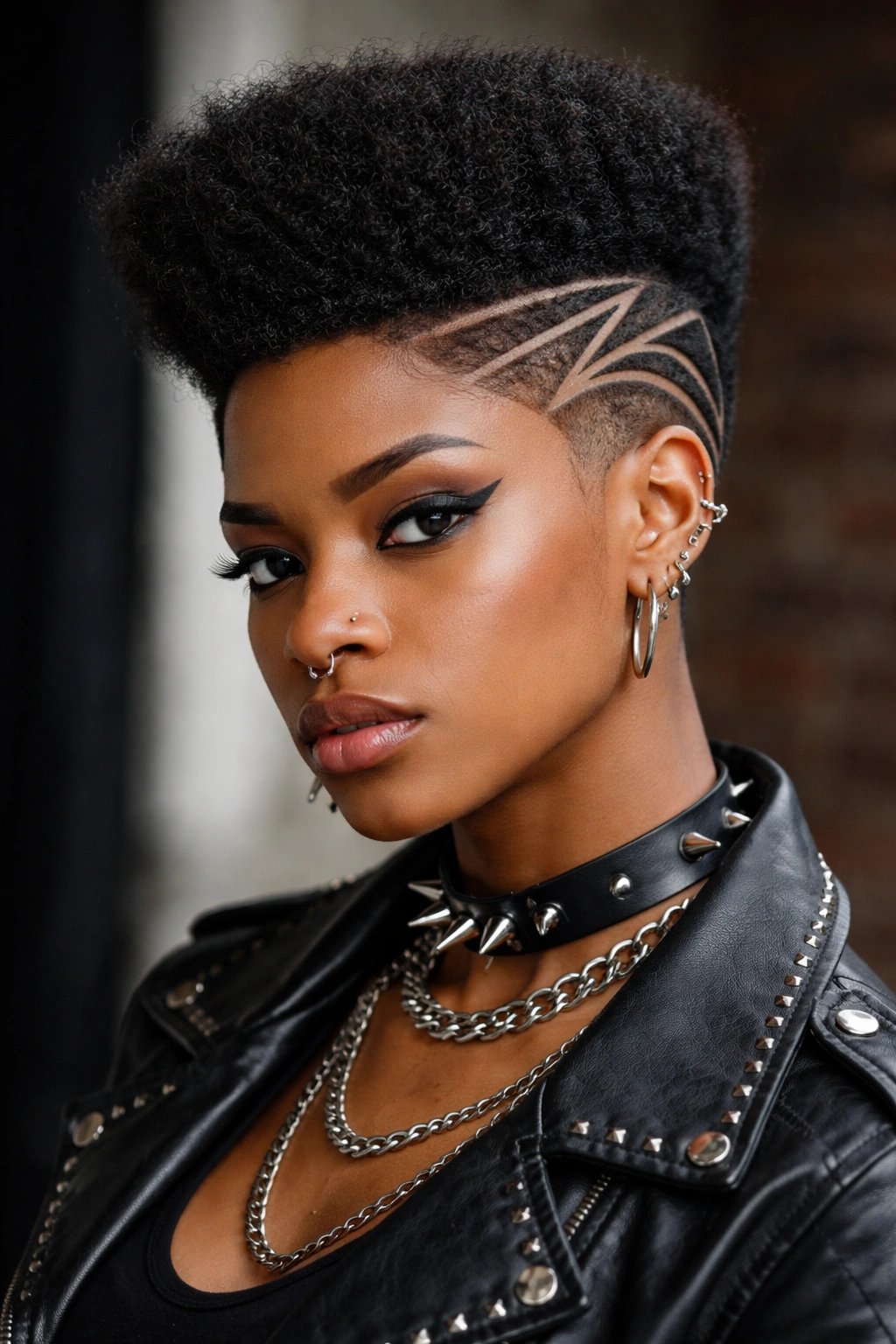 Close-up of a high-top fade with geometric patterns carved into the fade