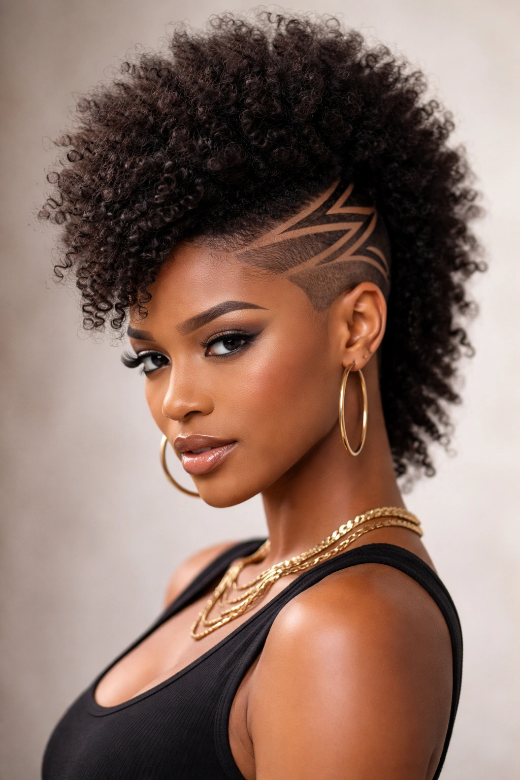 Mohawk with shaved geometric designs and a tall crown