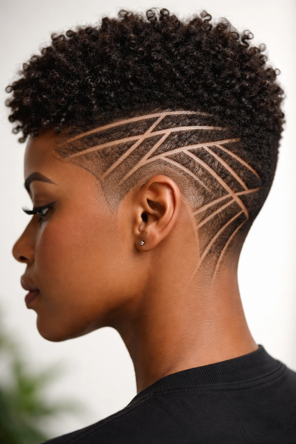 Close-up of geometric line-up patterns shaved on the side of the head