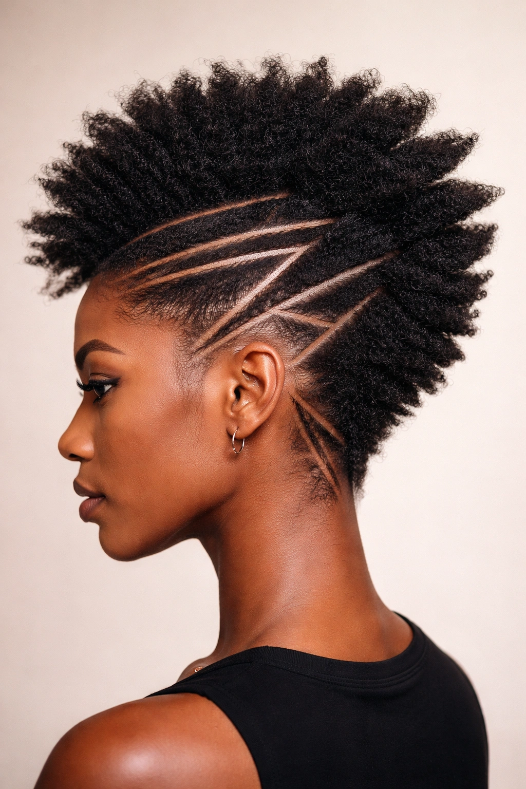 Close-up of a geometric mohawk with sharp lines and chevron pattern