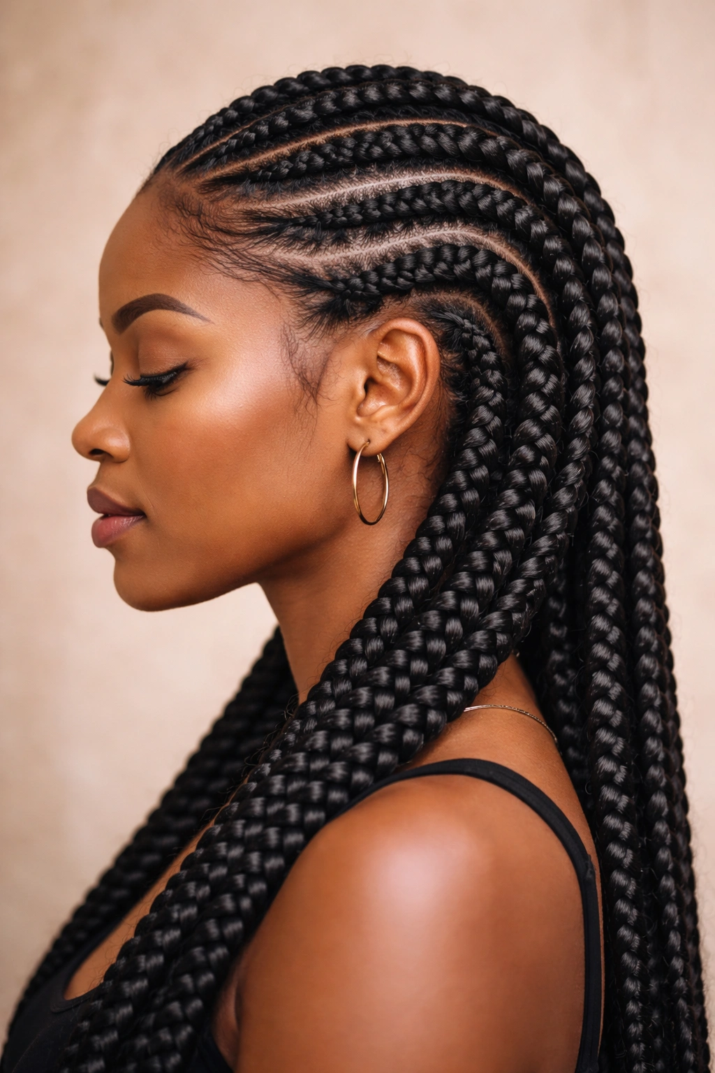 Side view of Ghana braids feed-in cornrows close to scalp