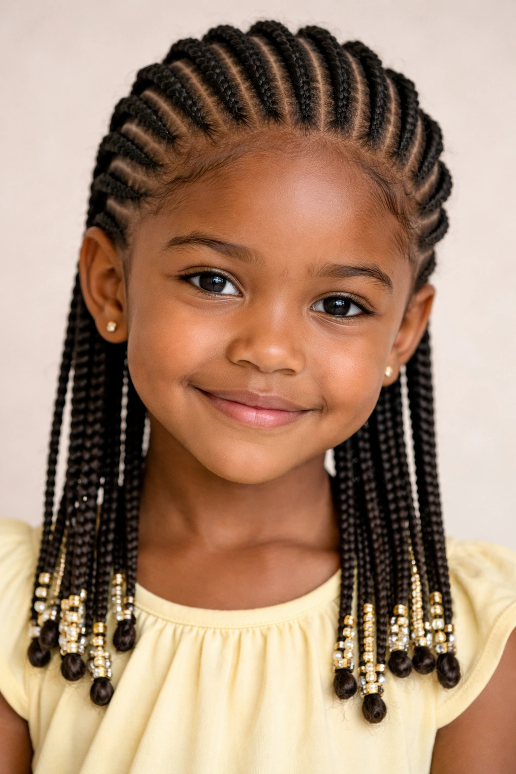 Close-up of a young girl's Ghana braids (cornrows) running neatly across the scalp.