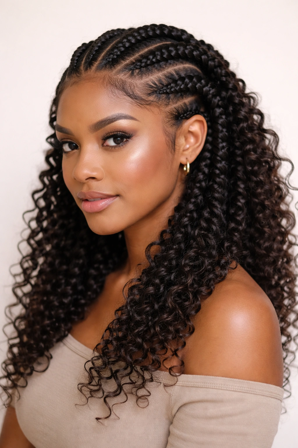 Thick Ghana braids with curls escaping along braid length