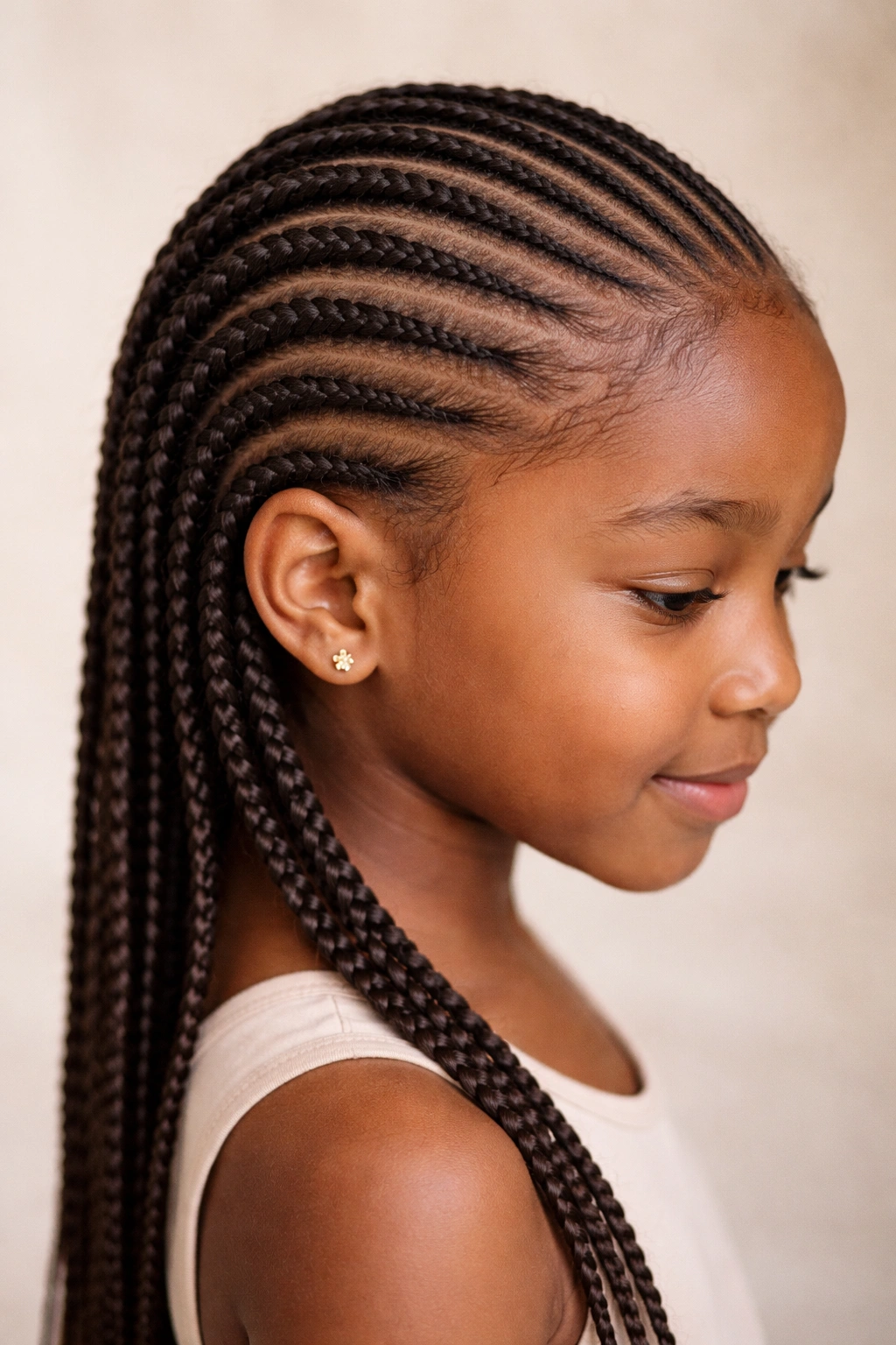 Close-up of a young girl's head with Ghana Braids (Feed-In Braids) showing thin, scalp-based braids.