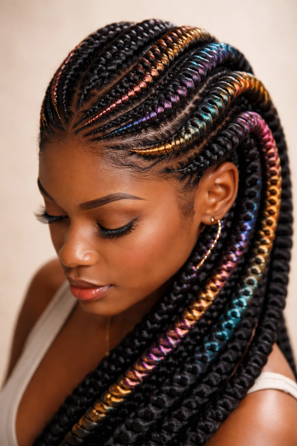 Ghana braids with colorful threading detail