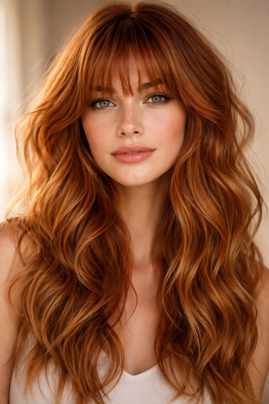 Close-up of a model with ginger bangs and beachy textured waves