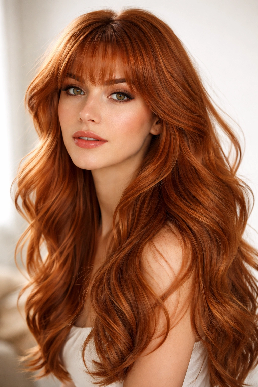 Half-profile shot of flipped ginger bangs with cascading waves