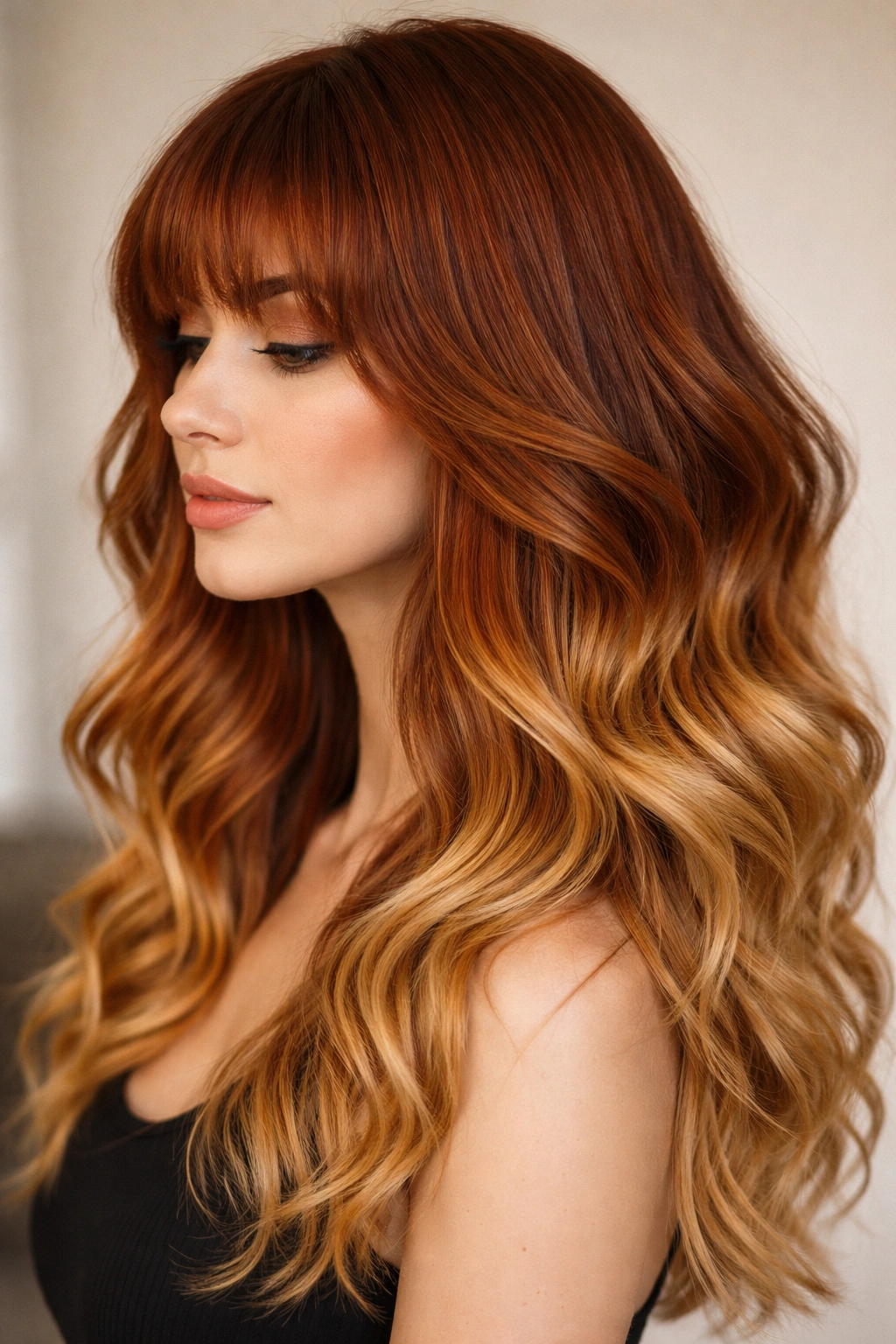 Side-profile of ginger bangs with ombre waves from burnt orange to golden