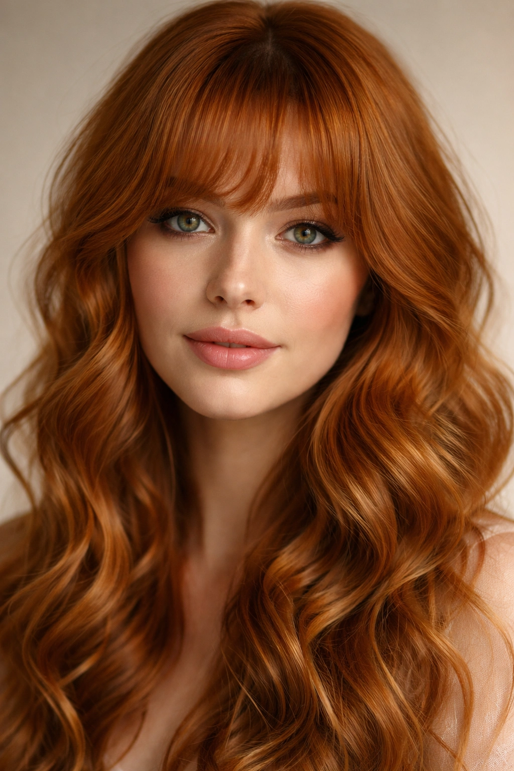 Close-up of curved ginger bangs with romantic waves highlighting warm ginger tones