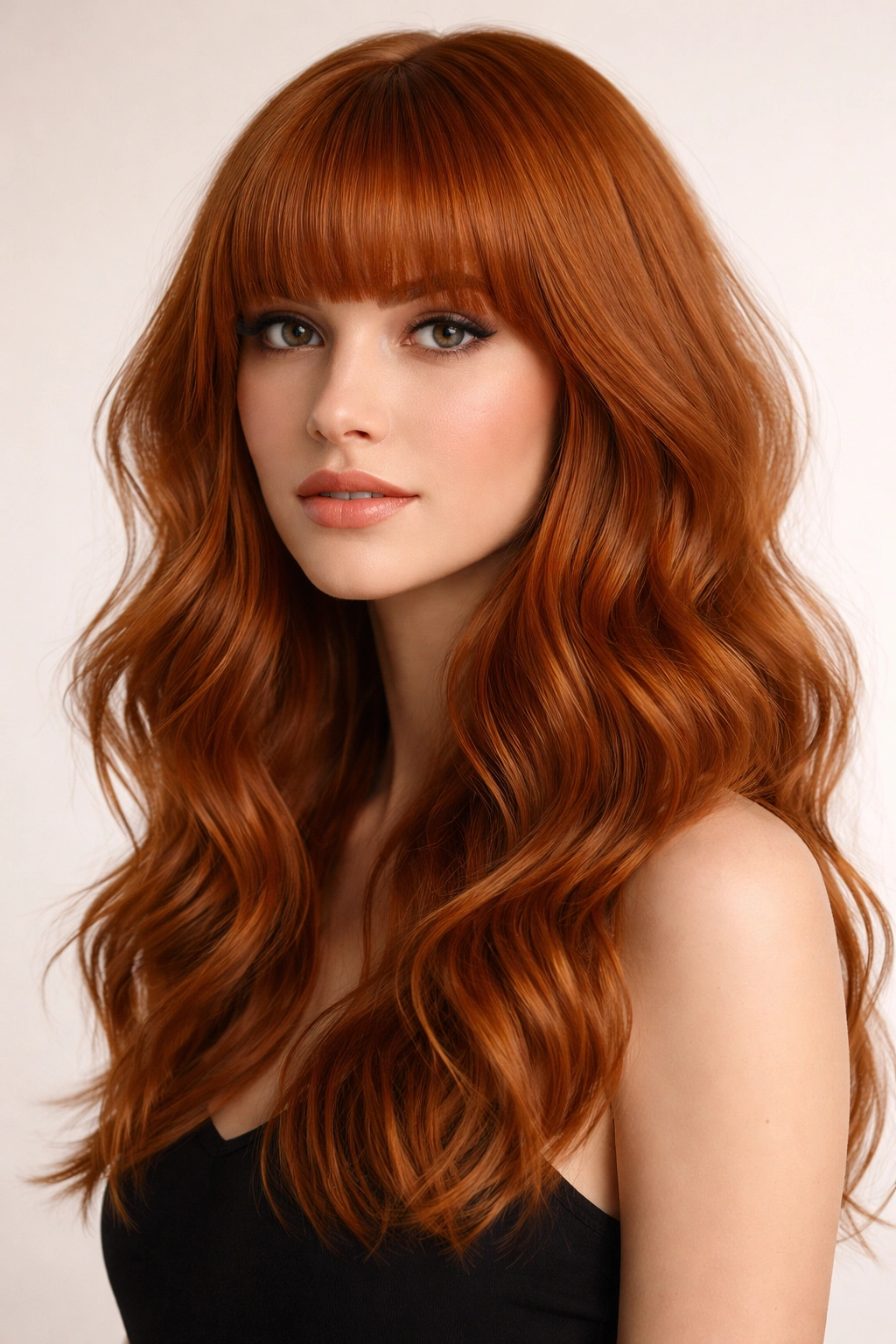 Blunt ginger bangs with loose waves in a clean studio portrait