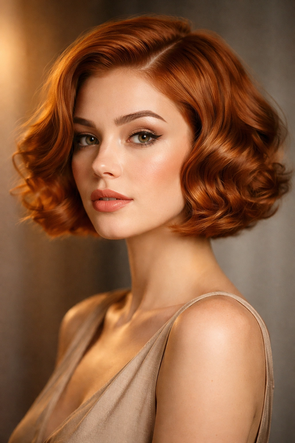 Close-up of a ginger vintage wavy bob with sculpted waves