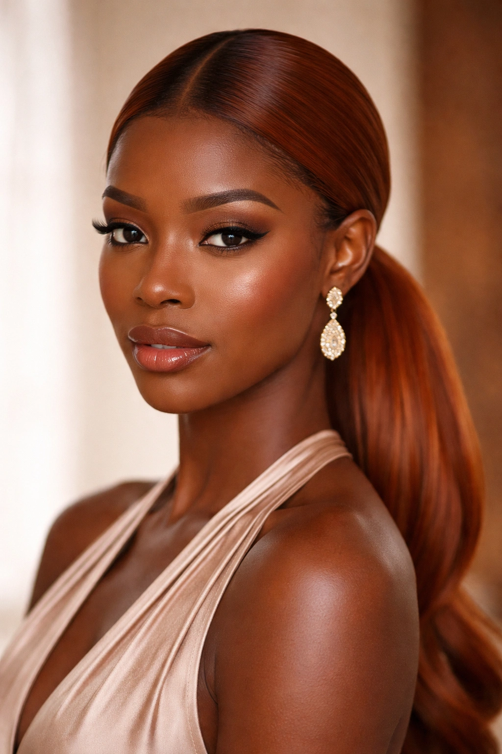 Sleek center-part ginger low pony with deep warm skin tone