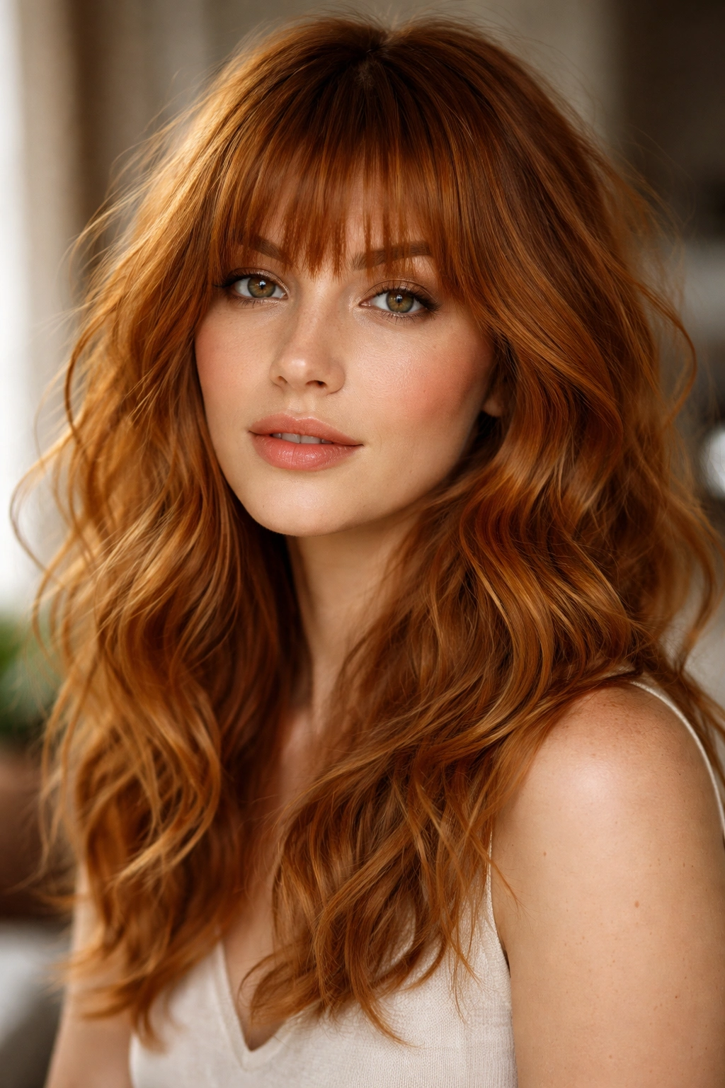 Choppy ginger bangs with tousled waves in a portrait