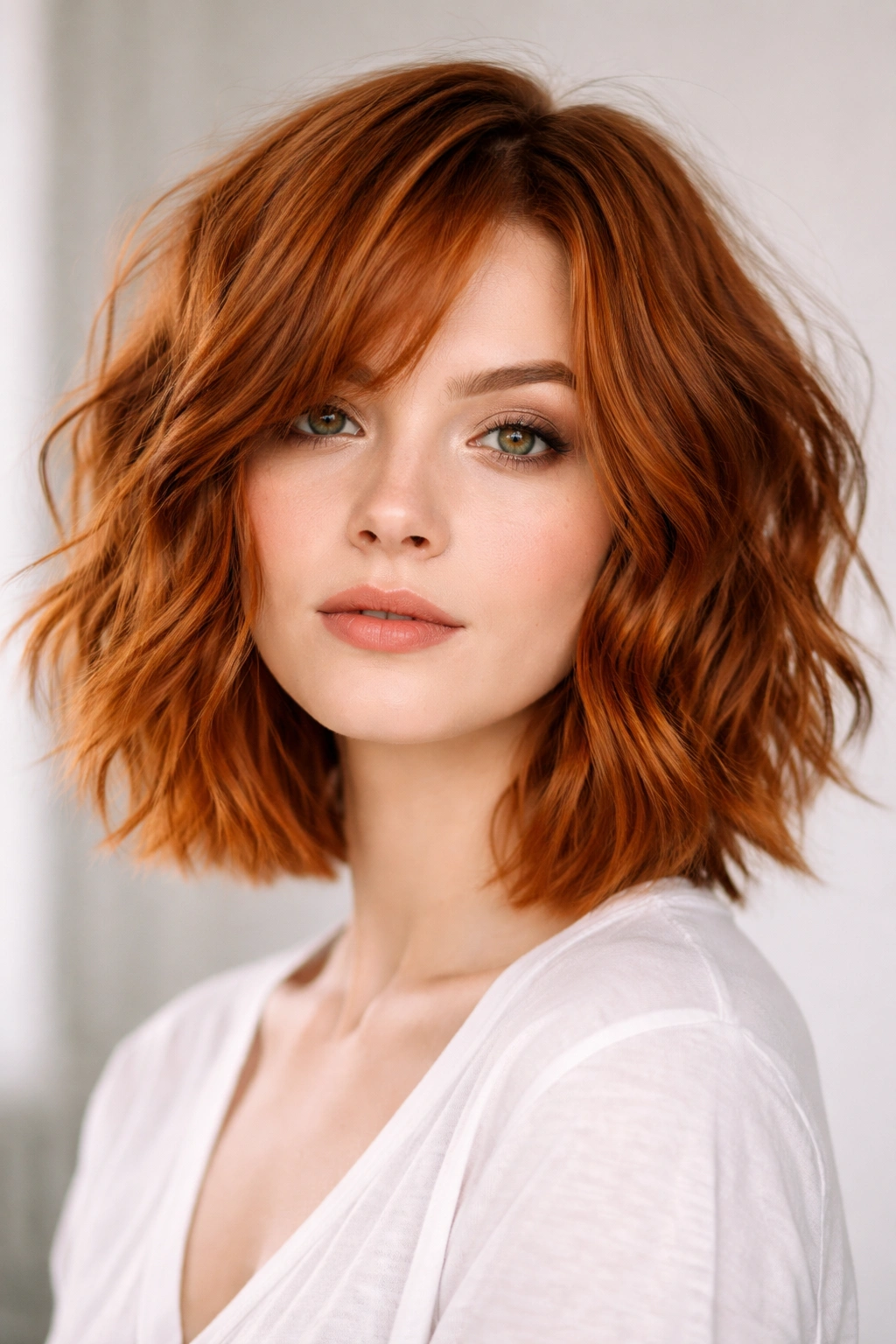 Ginger choppy lob with pronounced waves and color variation.
