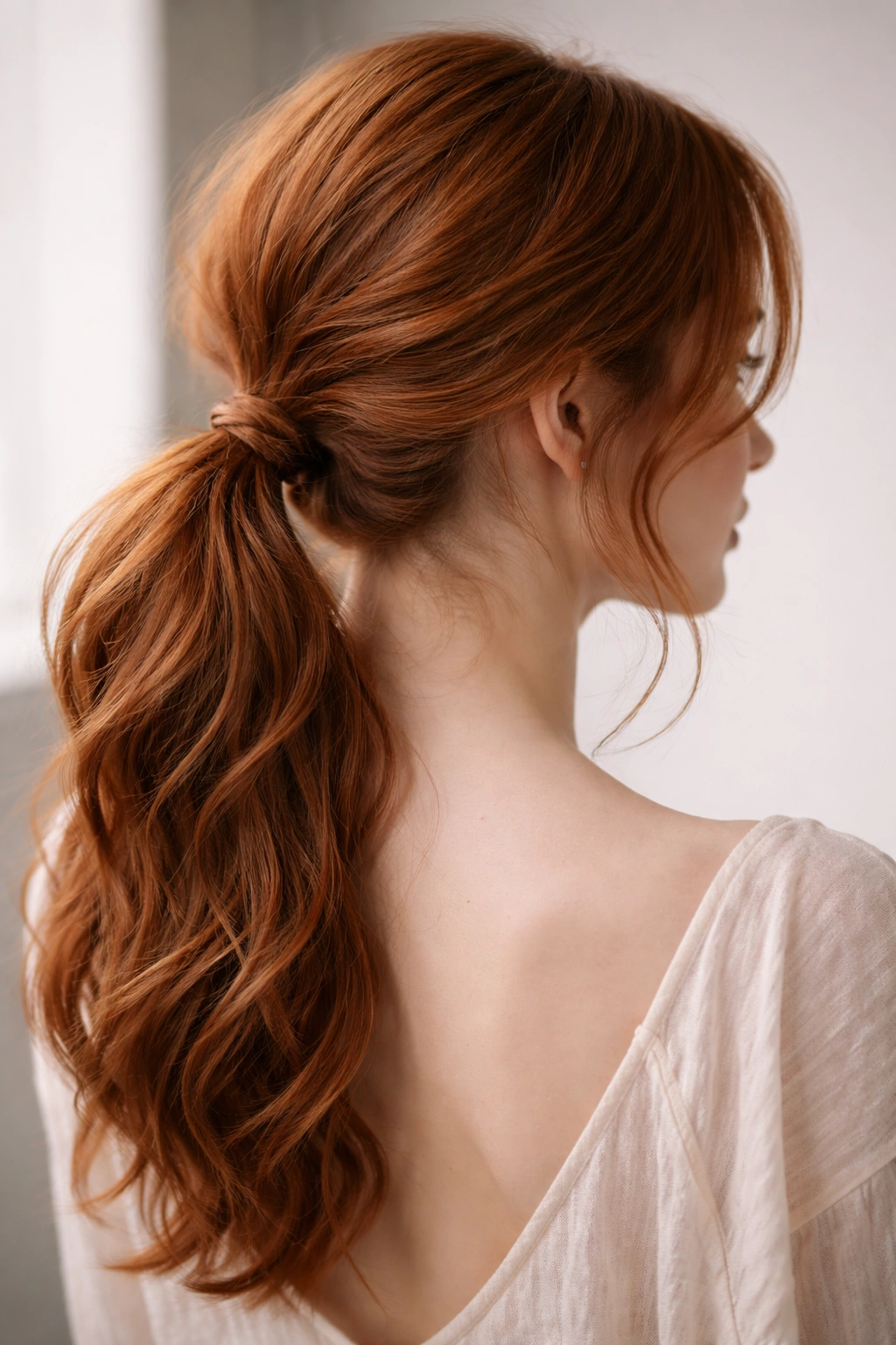 Copper ginger low ponytail with soft waves on cool-toned fair skin