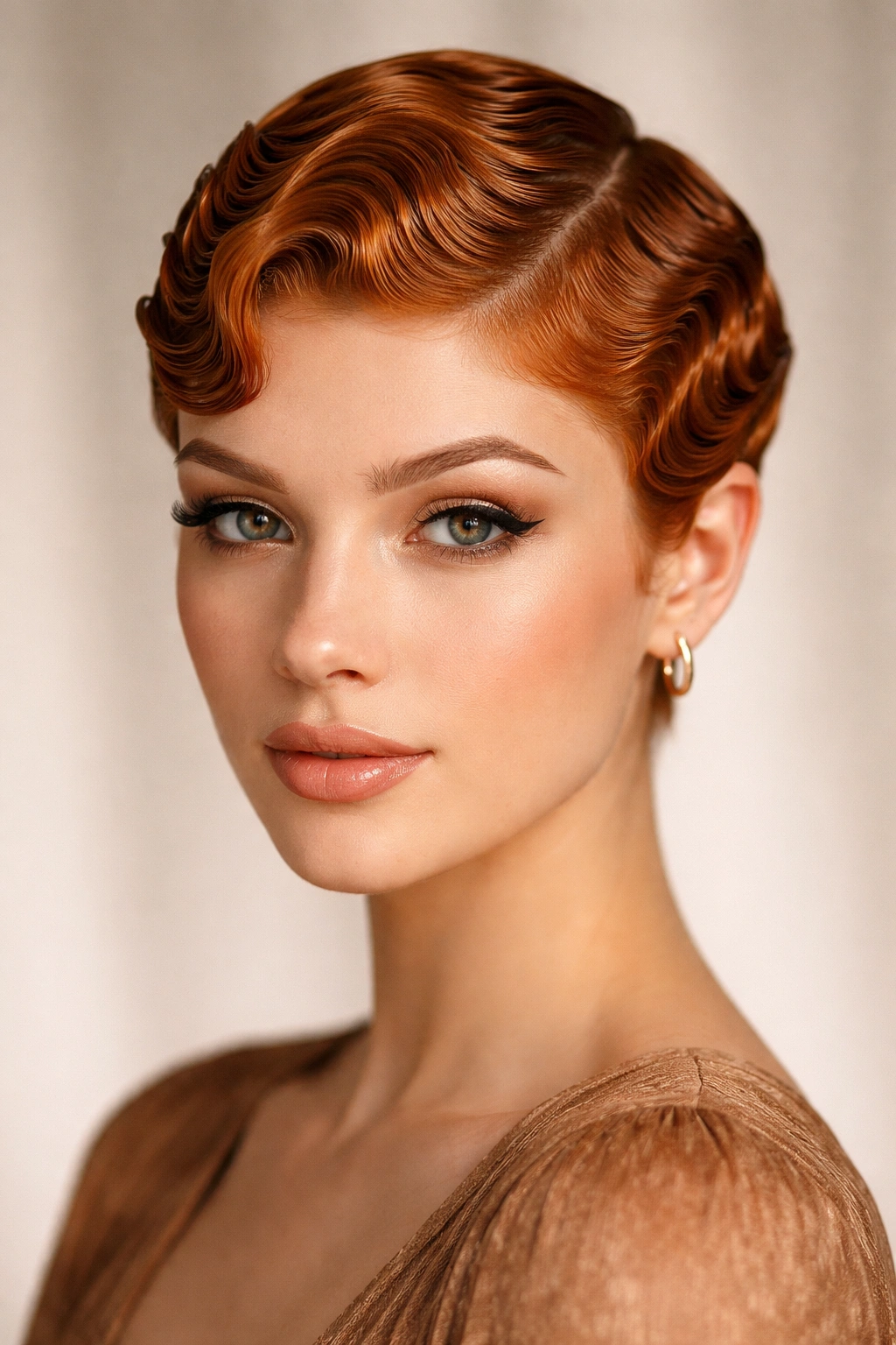 Ginger finger waves on short hairstyle with sculpted waves.