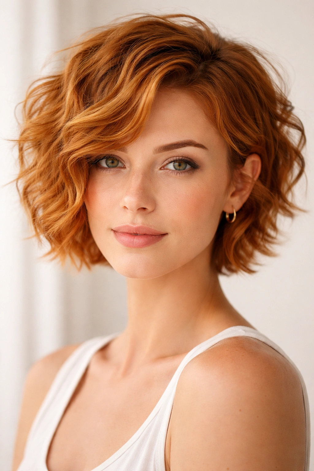 Ginger short hairstyle with loose beachy waves, sun-kissed tones and natural texture.