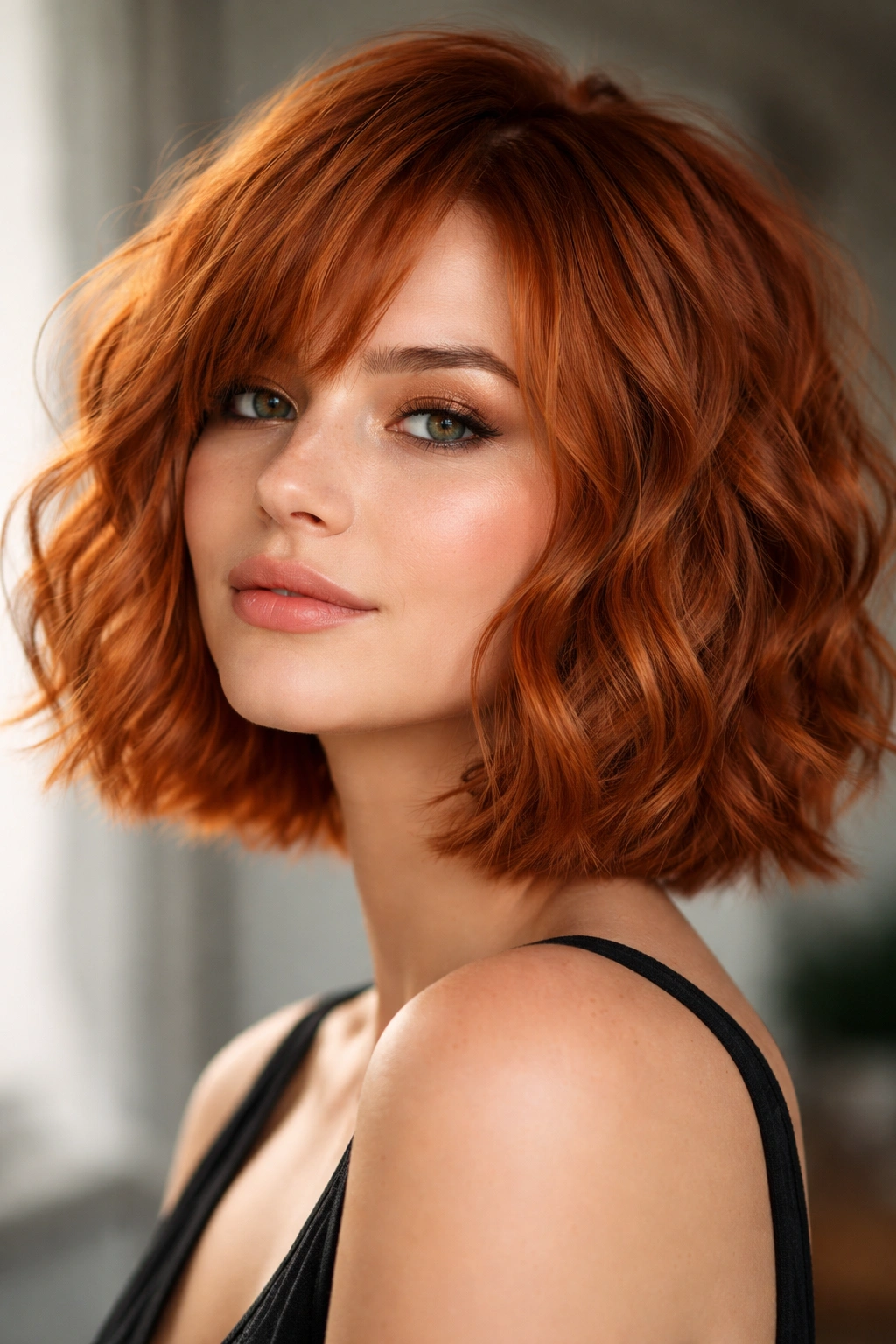 Chin-length ginger textured bob with layered waves