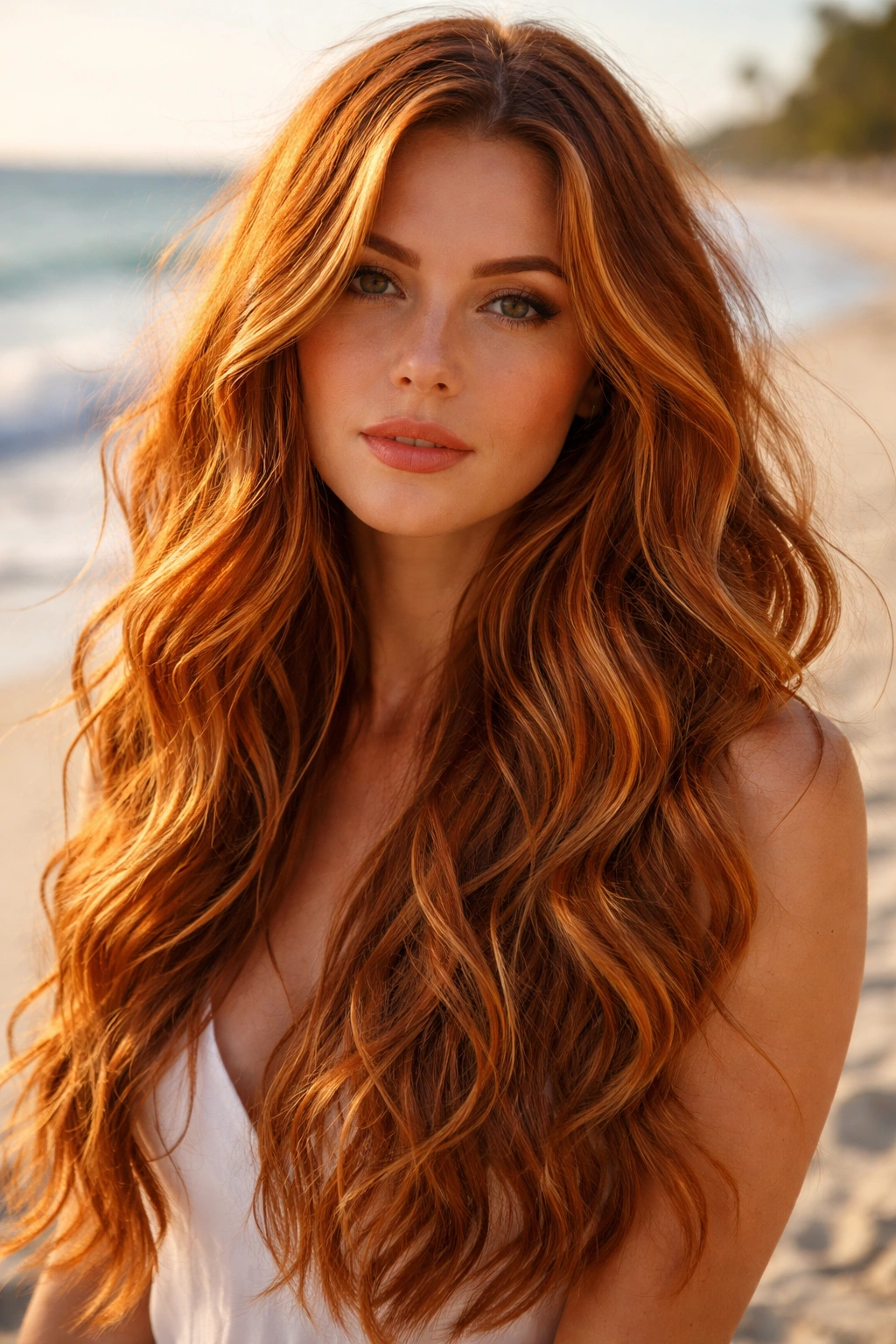 Close-up of long ginger hair with copper highlights in beachy waves