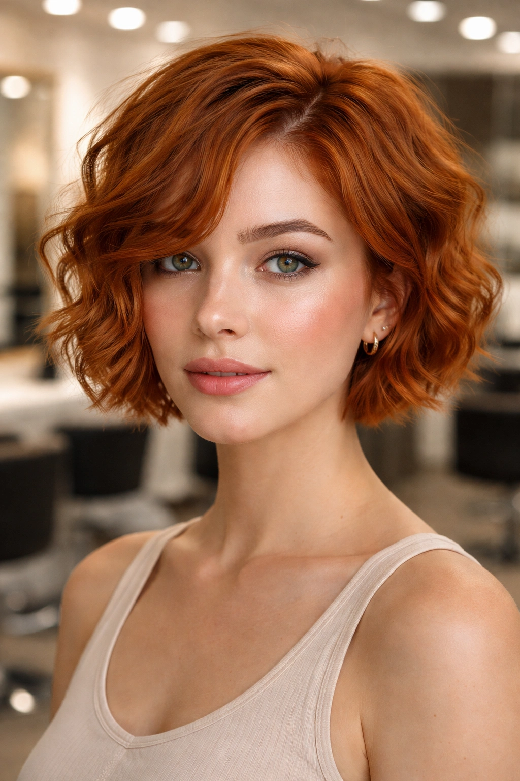 Close-up of short, wavy ginger hair styled for maintenance in a salon