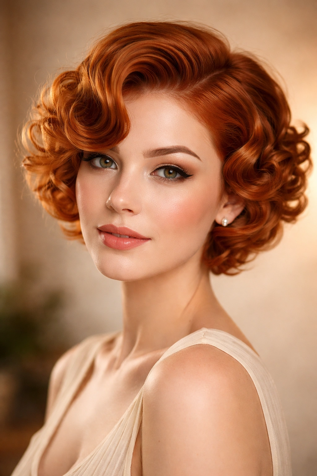 Short ginger hair styled with pin curl waves for a vintage, polished look.