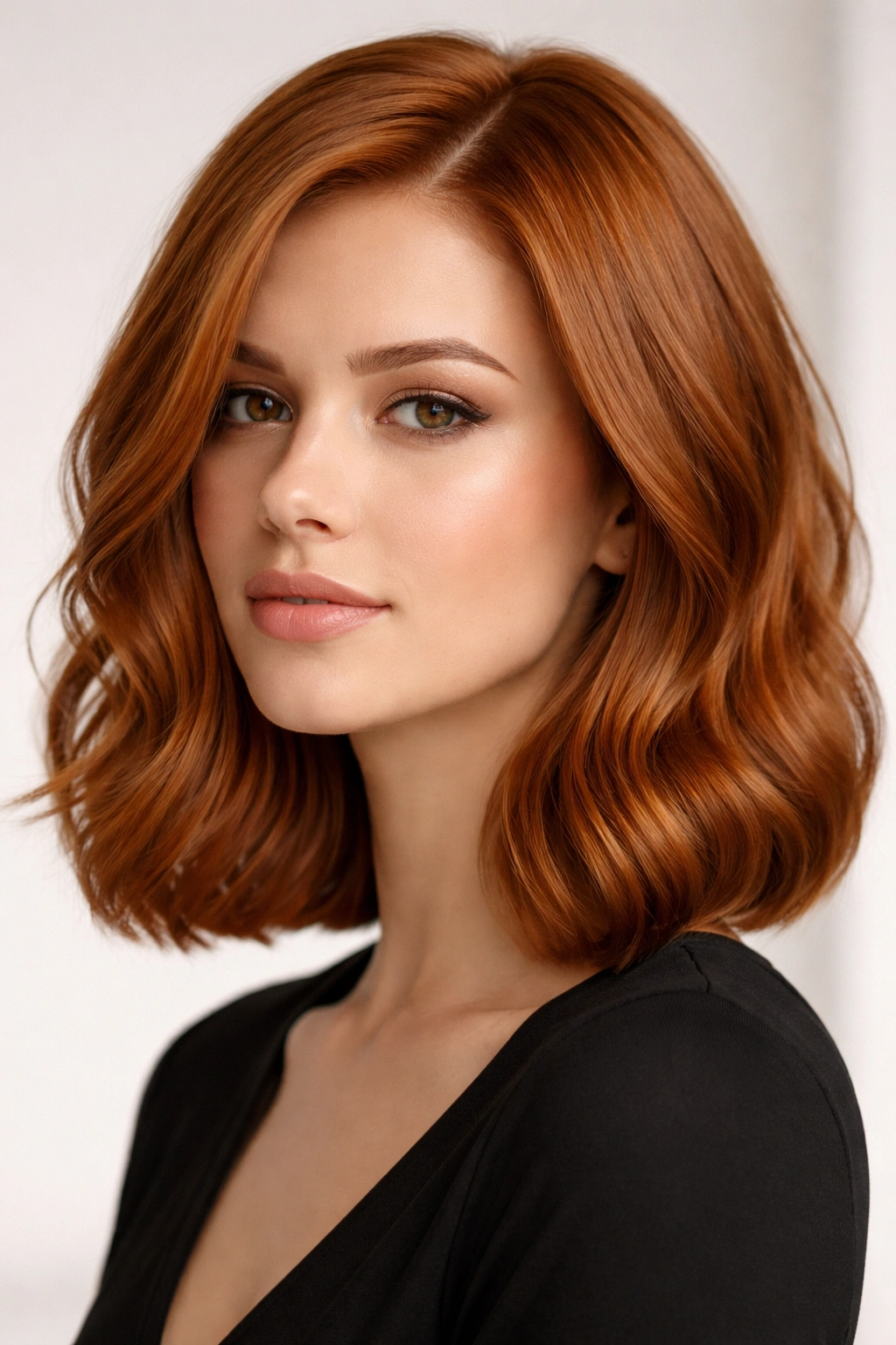 Ginger hair in a sleek wavy lob with polished, sculpted waves.