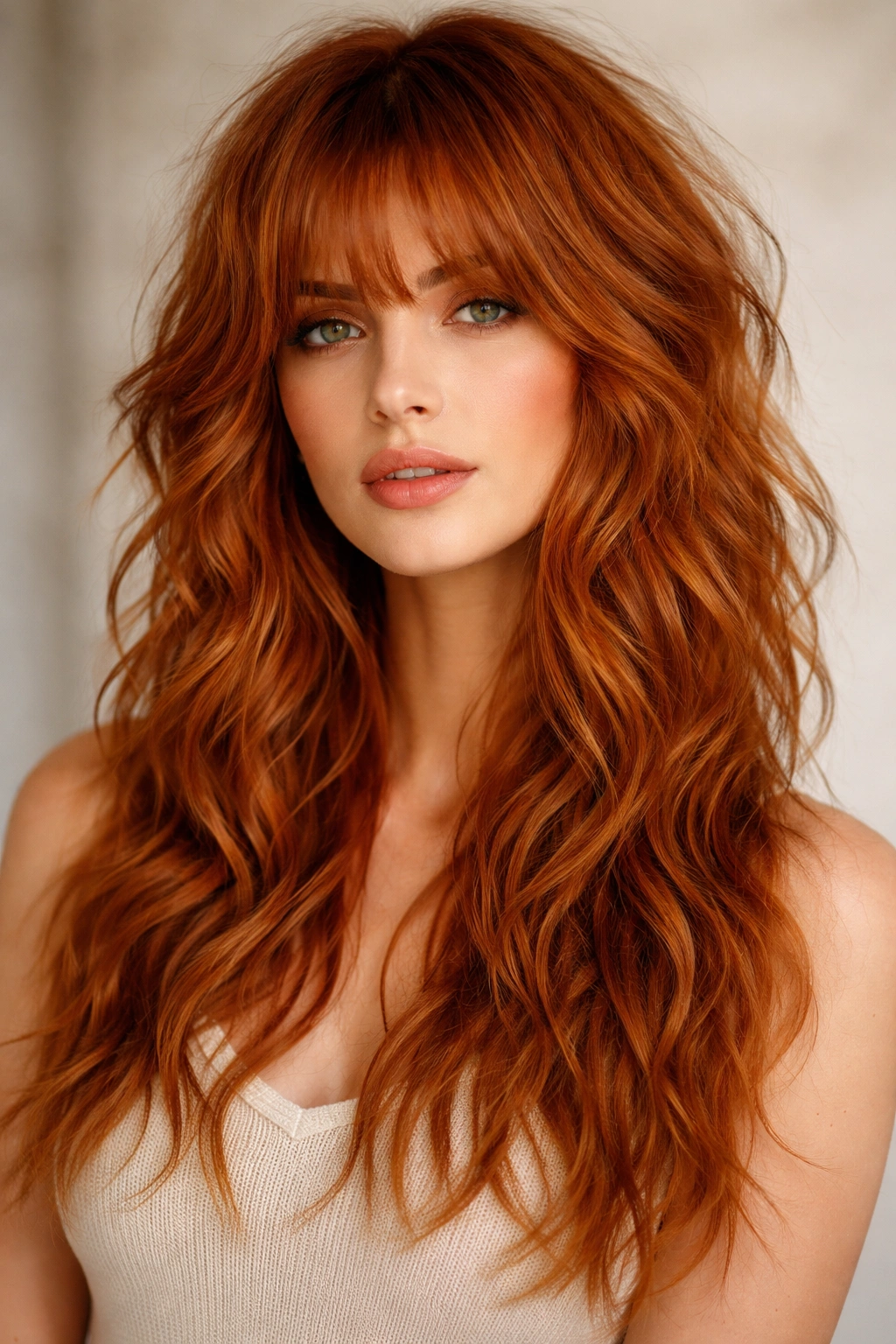 Ginger hair with textured shag waves and layered movement