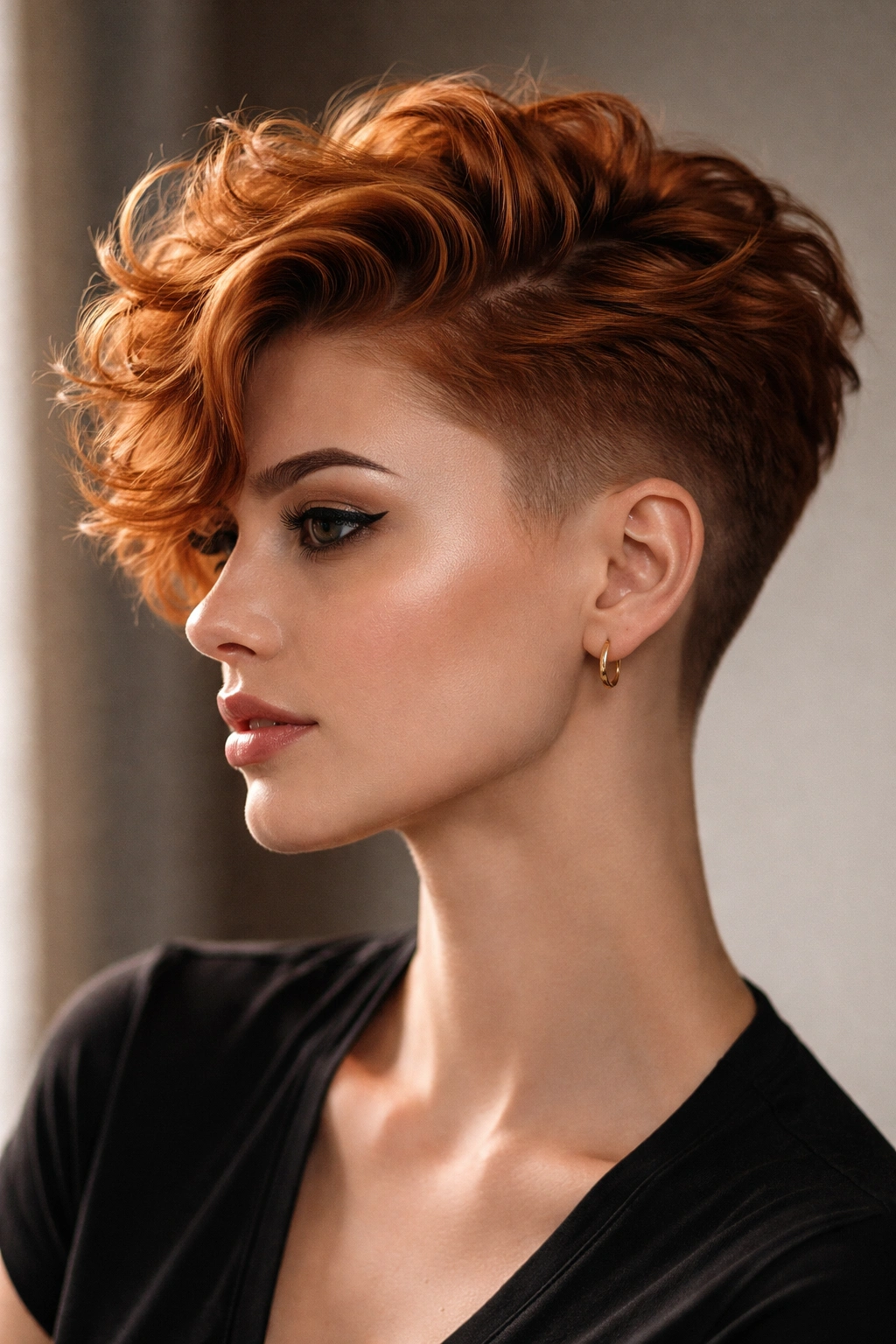 Ginger hair featuring a tapered wavy undercut with a textured, wavy top.