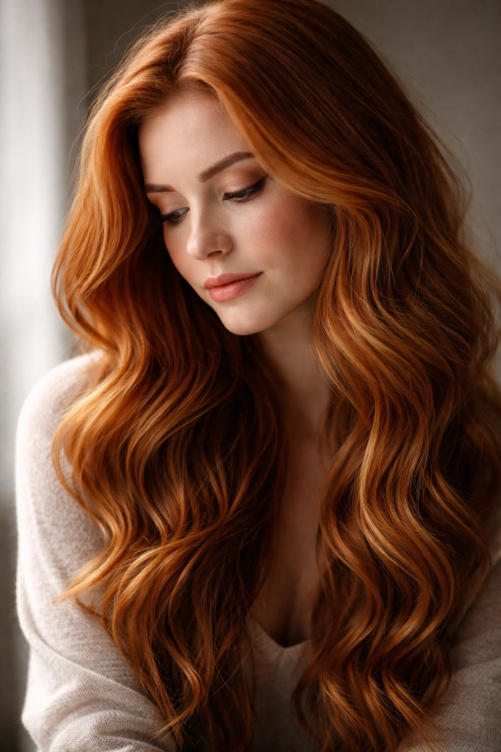 Contemplative portrait of a person with long ginger waves