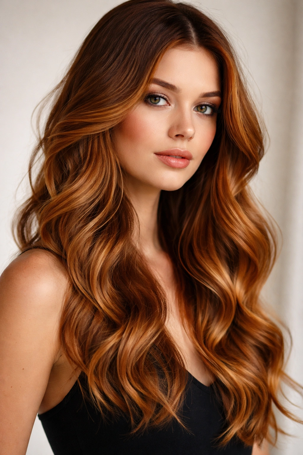 Close-up of ginger hair with sleek undone waves showing darker roots and honey highlights