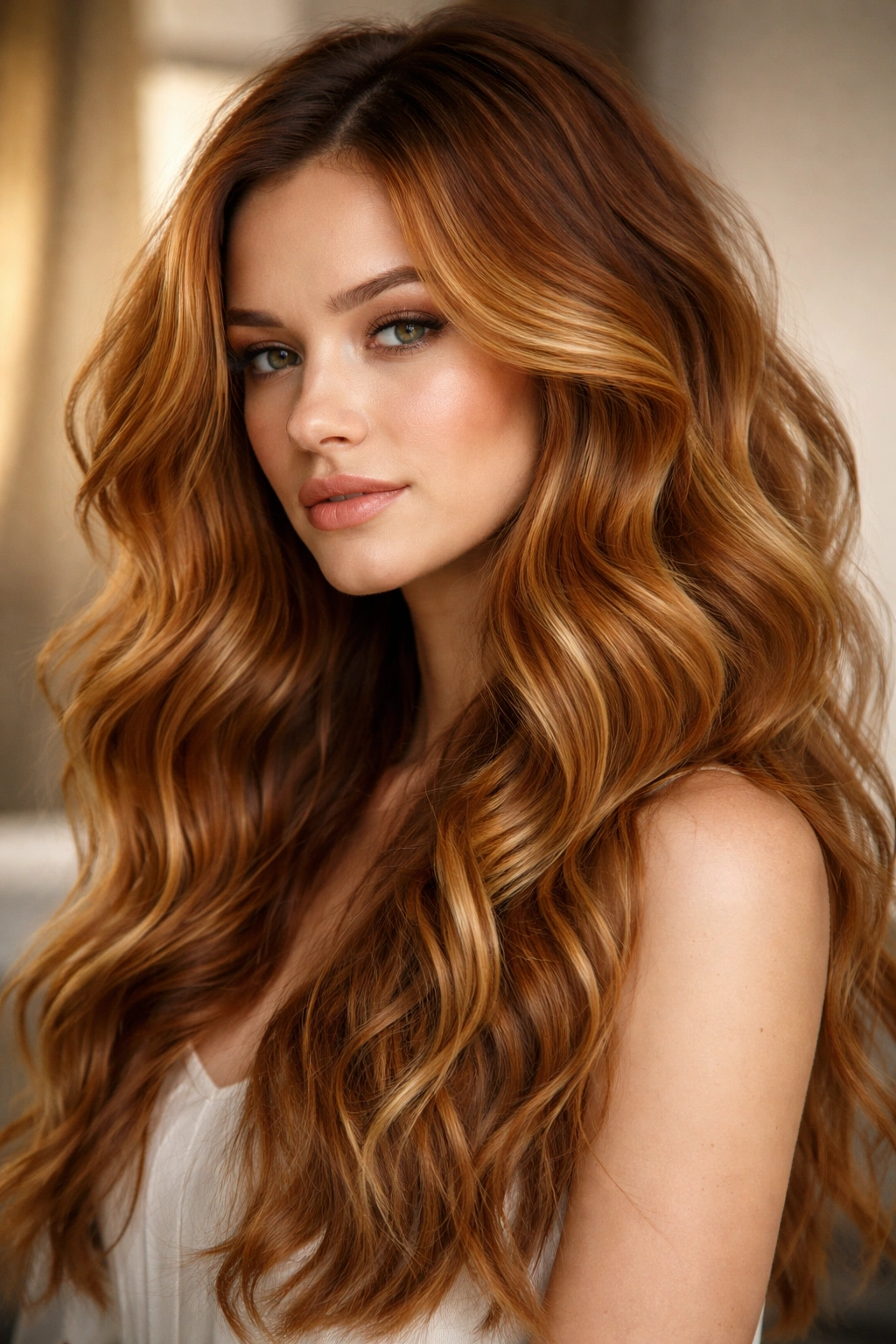Close-up of a model's ginger-highlighted beach waves