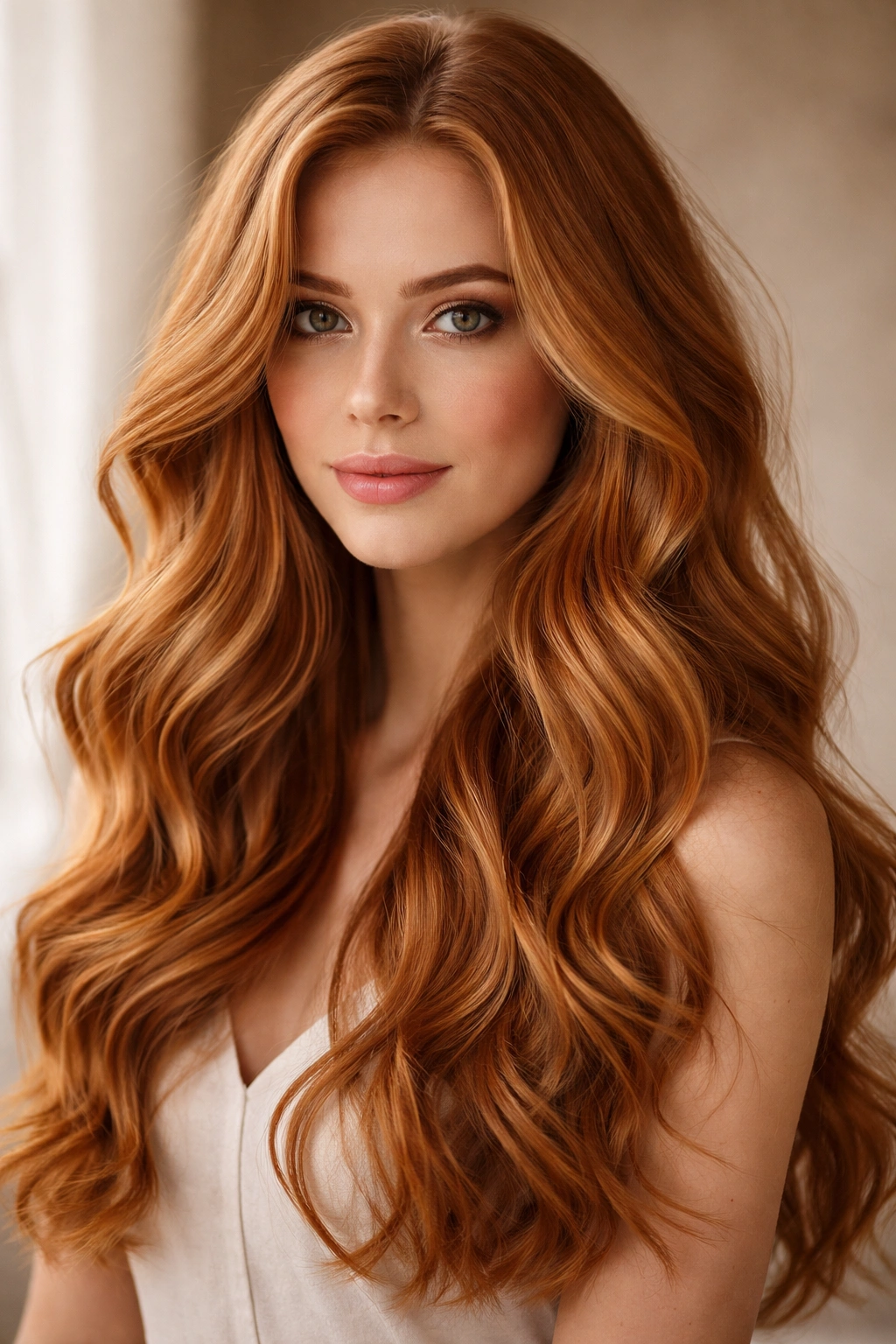 Portrait of ginger base with uniform loose romantic waves