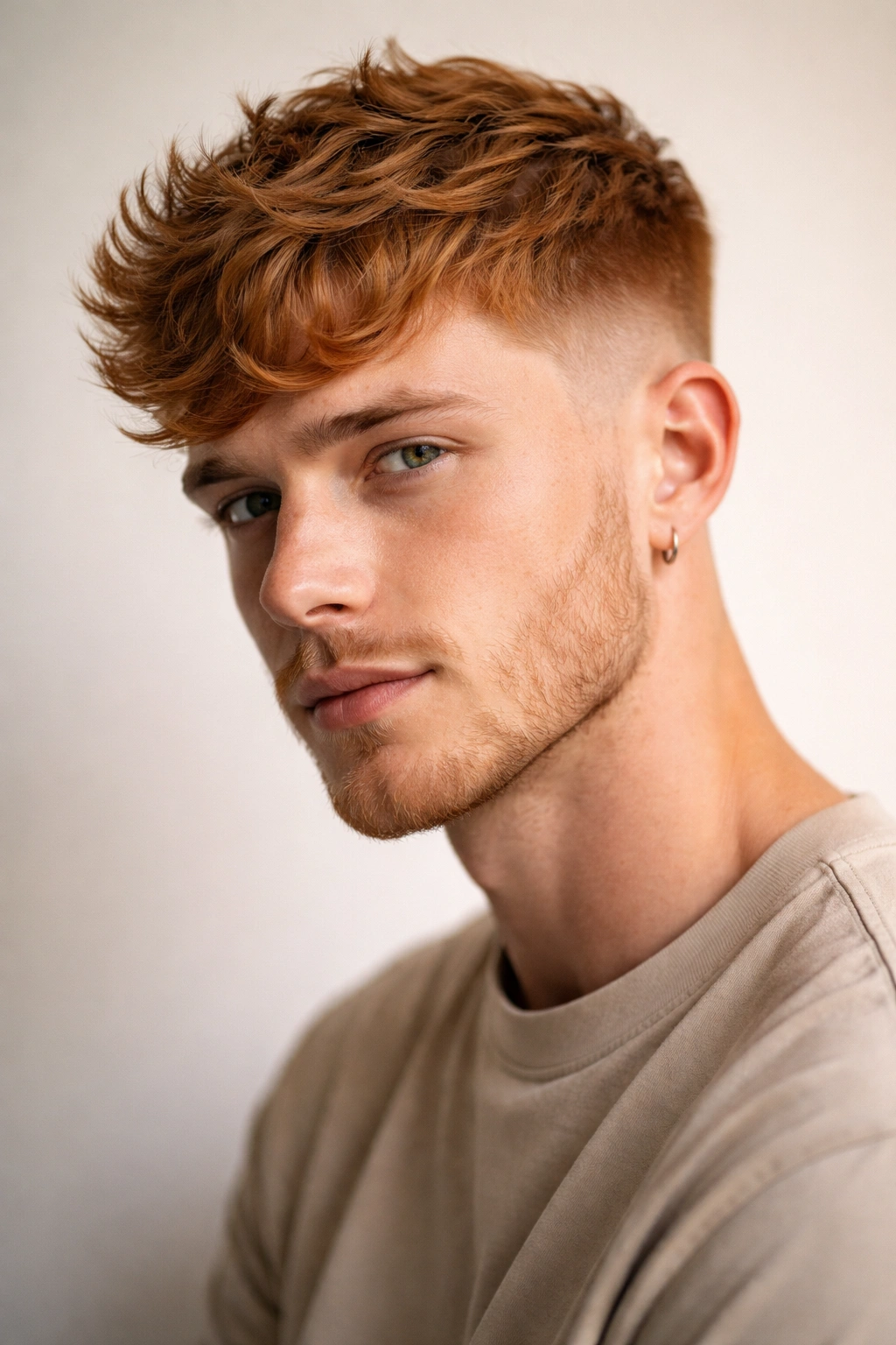Close-up of a ginger-haired individual showcasing a wavy French crop with short faded sides and a longer top.