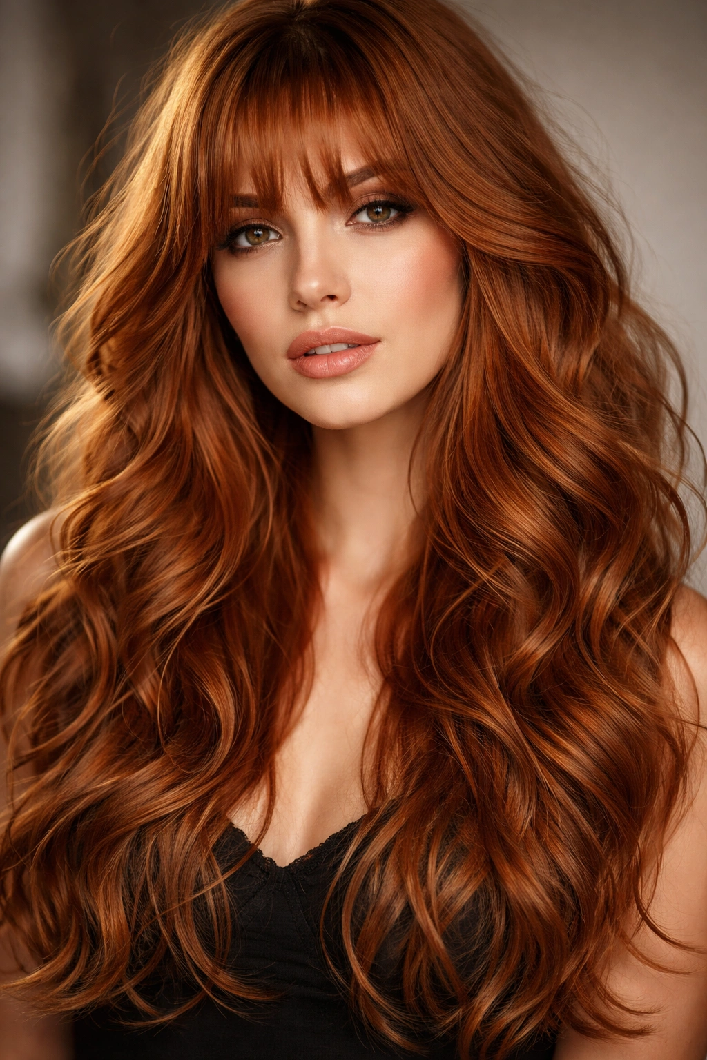 Ginger long layered bangs with spiral waves in a studio portrait